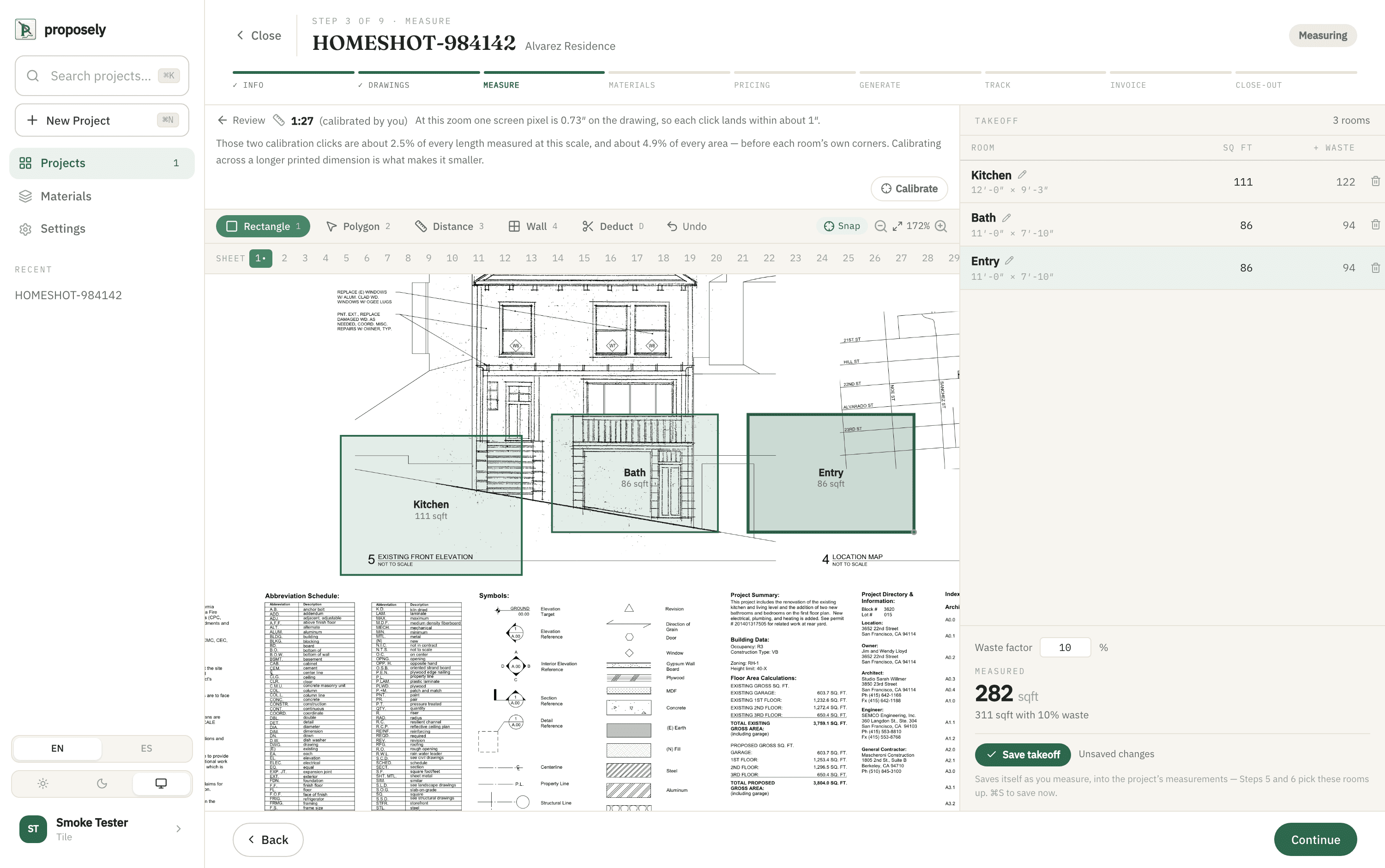 The Proposely takeoff canvas, with rooms measured off a floor plan.