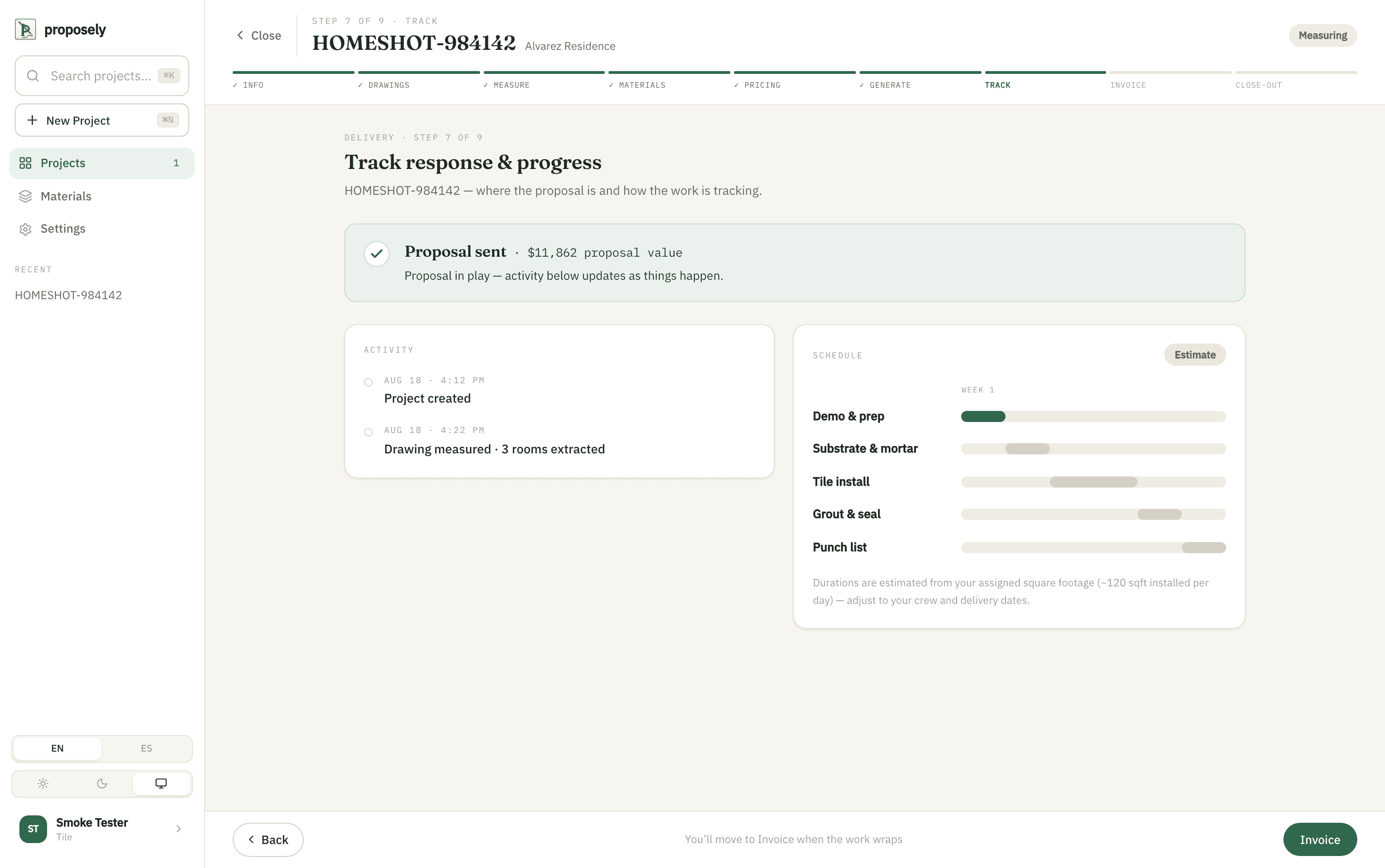 The Proposely project screen, with the proposal ready to send.